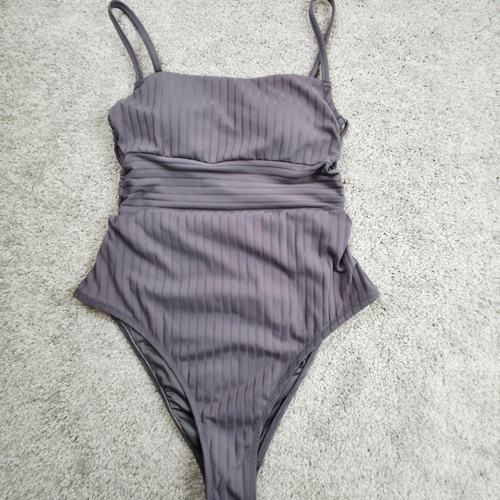 Shade & Shore One Piece Swimsuit Womens M Purple Ribbed Monokini Ruched Slimming